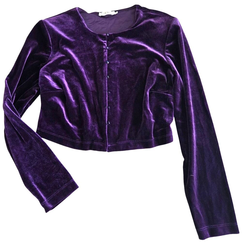 Vintage 90s Y2K CDC purple Velvet Cardigan Sweater 6 small medium cropped